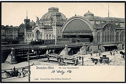 Tyskland, Dresden, Der neue Hauptbahnhof med damplokomotiv og sporvogne. No. 1086.