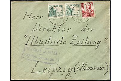 10 cts. Rytter (2) og 30 cts. Isabel på brev fra Aros de Jalon d. 21.12.1938 til Leipzig, Tyskland. Lokal spansk censur fra Arcos de Jalon.