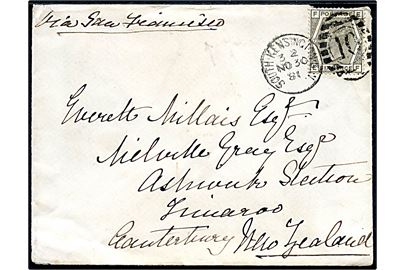 6d Elizabeth single på brev annulleret South Kensington S.W. / 10 d. 30.11.1881 til Canterbury, New Zealand. Påskrevet via San Francisco.