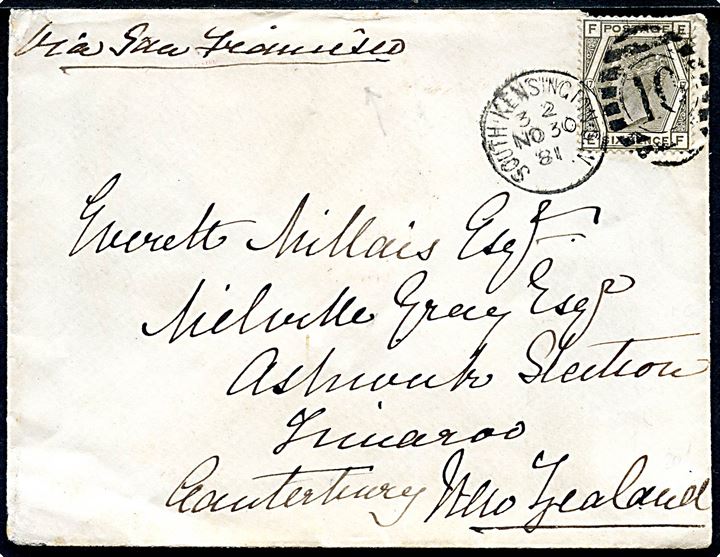 6d Elizabeth single på brev annulleret South Kensington S.W. / 10 d. 30.11.1881 til Canterbury, New Zealand. Påskrevet via San Francisco.