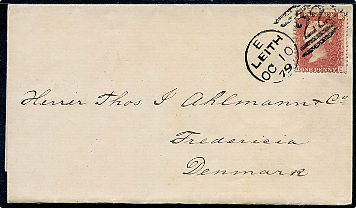 1d Victoria single på markedsberetning sendt som tryksag og annulleret med duplex Leith/221 d. 10.10.1879 til Fredericia, Danmark.