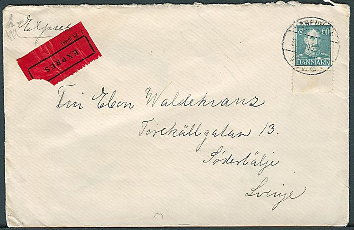 60 øre Chr. X single på ekspresbrev fra Købenavn Valby d. 23.4.1945 til Södertälje, Sverige. Åbnet af tysk censur med fortrykt April-banderole Zensurstelle k / Geöffnet.