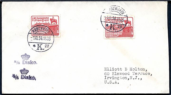 15 øre Regentjubilæum (2) på brev skibsbrev annulleret København d. 1.10.1938 og sidestemplet med violet stempel “(krone)/M/S Disko” til Irvington, USA. På bagsiden ovalt stempel: “(krone)/Grønlands Styrelse”. Sjældent skibsstempel og god destination.