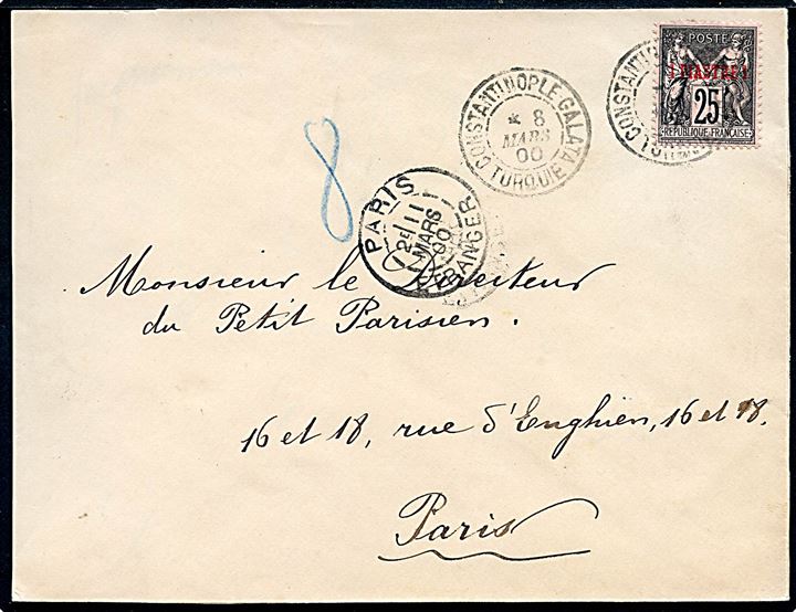 1. Piastre / 25 c. Provisorium single på brev stemplet Constantinople Galata Turquie d. 8.3.1900 til Paris, Frankrig.