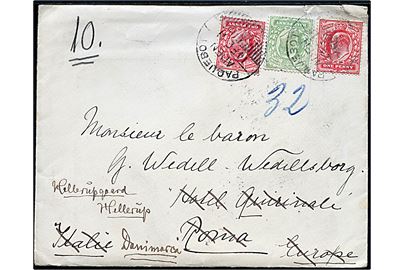 ½d og 1d (2) Edward VII på rederikuvert med indhold skrevet ombord på S/S Moldavia i det Røde Hav annulleret Paquebot Aden d. 14.2.1911 til Rom, Italien - eftersendt til Hellerup, Danmark.