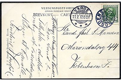 5 øre Fr. VIII på brevkort fra Hostrup annulleret med stjernestempel NORDENSKOV og sidestemplet Varde d. 22.2.1912 til København.