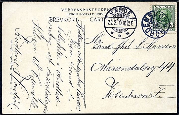 5 øre Fr. VIII på brevkort fra Hostrup annulleret med stjernestempel NORDENSKOV og sidestemplet Varde d. 22.2.1912 til København.