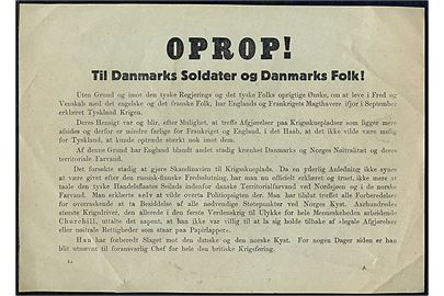 OPROP! Til Danmarks Soldater og Danmarks Folk!. Flyveblad fra den tyske kommandør Kaupisch nedkastet over Danmark i forbindelse med den tyske besættelse d. 9.4.1940. Formular 4a. Enkelte små rifter.