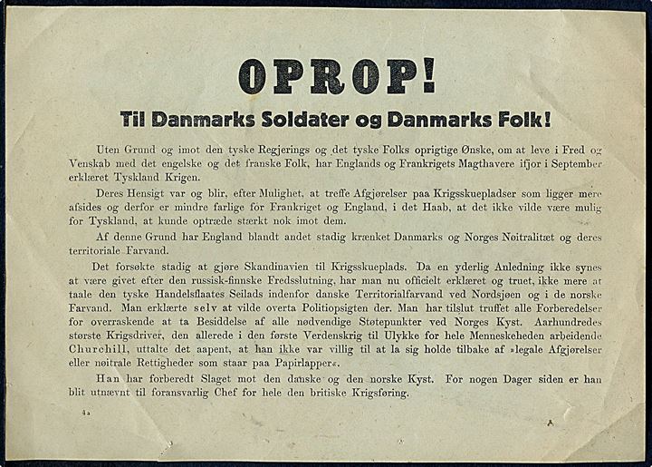 OPROP! Til Danmarks Soldater og Danmarks Folk!. Flyveblad fra den tyske kommandør Kaupisch nedkastet over Danmark i forbindelse med den tyske besættelse d. 9.4.1940. Formular 4a. Enkelte små rifter.