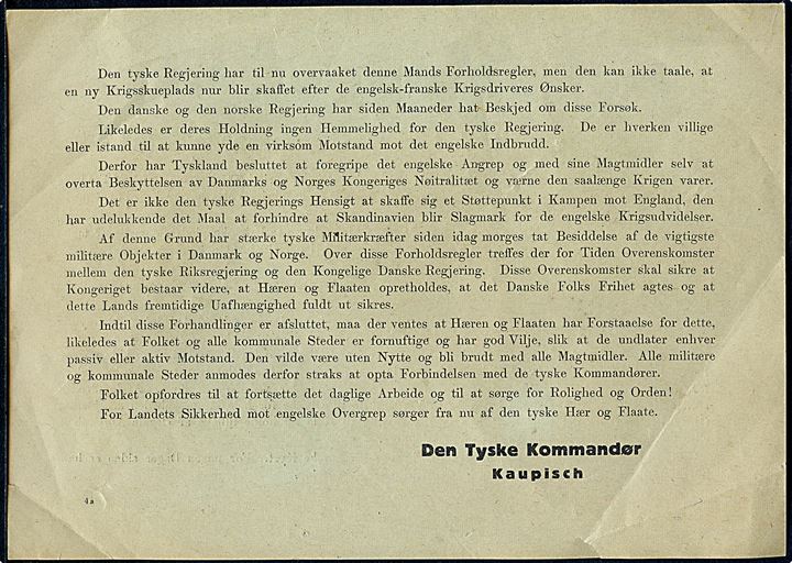 OPROP! Til Danmarks Soldater og Danmarks Folk!. Flyveblad fra den tyske kommandør Kaupisch nedkastet over Danmark i forbindelse med den tyske besættelse d. 9.4.1940. Formular 4a. Enkelte små rifter.