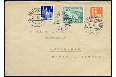 5 pfg., 15 pfg. Bygning og 10+5 pfg. Goethe 10+5 pfg. på 30 pfg. frankeret brev fra Kempten d. 20.11.1949 til Trondheim, Norge. Sendt fra lettisk flygtning i Latvian DP Camp i Kempten. (DP = Displaced Persons)