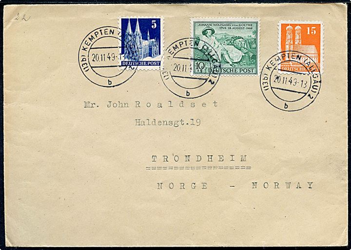 5 pfg., 15 pfg. Bygning og 10+5 pfg. Goethe 10+5 pfg. på 30 pfg. frankeret brev fra Kempten d. 20.11.1949 til Trondheim, Norge. Sendt fra lettisk flygtning i Latvian DP Camp i Kempten. (DP = Displaced Persons)