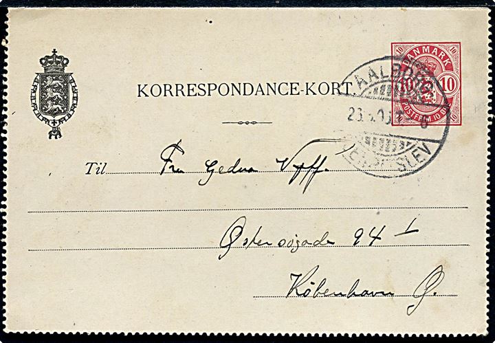 10 øre Våben helsagsbrevkort med indhold dateret i Øxeby ved Halvrimmen og annulleret bureau Aalborg - Fjerritslev T.6 d. 26.6.1906 til København.