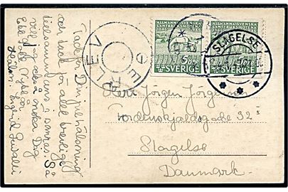 Svensk 5 öre Landbrug i parstykke på nytårskort annulleret med svagt stempel d. 1.1.1947 til Slagelse, Danmark. Ank.stemplet med udslebet stjernestempel GERLEV og Slagelse d. 4.1.1947.