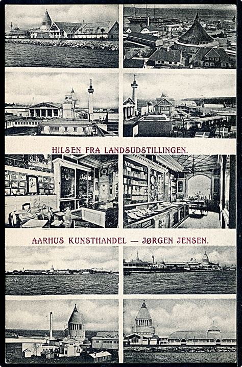 Aarhus, Hilsen fra Landsudstillingen 1909 med prospekter fra Aarhus Kunsthandel ved Jørgen Jensen. J.J.N. no. 3534.