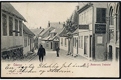 Odense. Munke Mølle Stræde med H.C. Andersens Barndomshjem. Fejlbeskrevet på kortet som Fødested. Stenders no. 863.