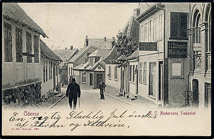 Odense. Munke Mølle Stræde med H.C. Andersens Barndomshjem. Fejlbeskrevet på kortet som Fødested. Stenders no. 863.