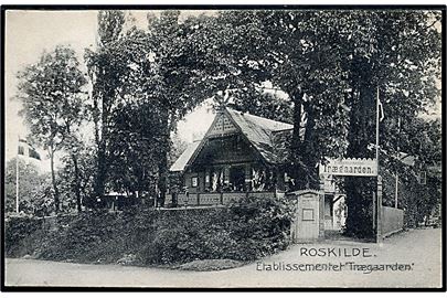 Roskilde. Etablissementet Trægaarden. Anvendt med 5 øre Fr. IX, annulleret med svagt stjernestempel KORNERUP, sidestmp. Roskilde 16.1.1908, sendt til Haslev.