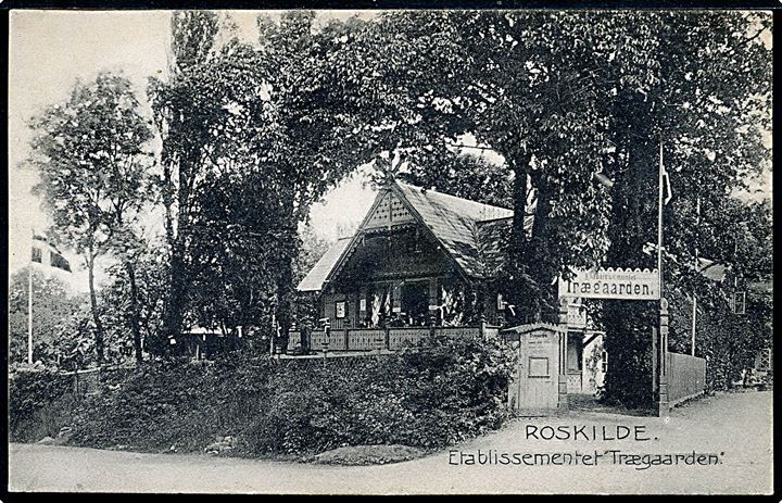 Roskilde. Etablissementet Trægaarden. Anvendt med 5 øre Fr. IX, annulleret med svagt stjernestempel KORNERUP, sidestmp. Roskilde 16.1.1908, sendt til Haslev.