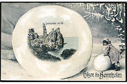 Bornholm, Julehilsen fra. Pige med snebold og prospekt af Lyseklippen ved Rø. F. Sørensen u/no.