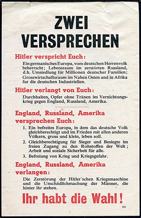 Britisk propaganda flyveblad Ihr habt die Wahl! nedkastet af Royal Air Force over Tyskland. Formular 525. Påskrevet fundet d. 24.10.1941.