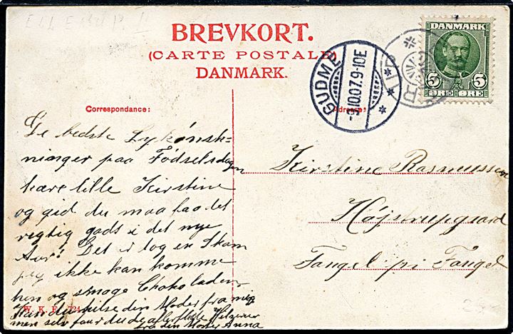 5 øre Fr. VIII på brevkort annulleret med stjernestempel ELLERUP og sidestemplet Gudme d. 9.10.1907 til Fangel.