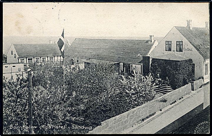 5 øre Chr. IX på brevkort (Klos Hotel, Sandvig) annulleret med stjernestempel SANDVIG og sidestemplet Allinge d. 9.1.1907 til Kjøbenhavn.