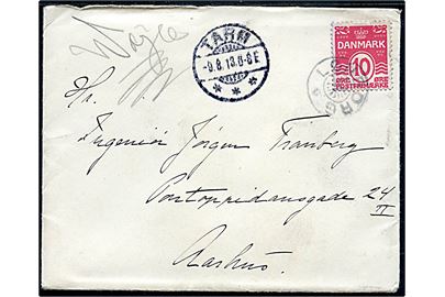 10 øre Bølgelinie på brev annulleret med stjernestempel LØNBORG og sidestemplet Tarm d. 9.8.1913 til Aarhus.