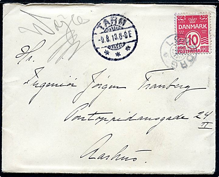 10 øre Bølgelinie på brev annulleret med stjernestempel LØNBORG og sidestemplet Tarm d. 9.8.1913 til Aarhus.