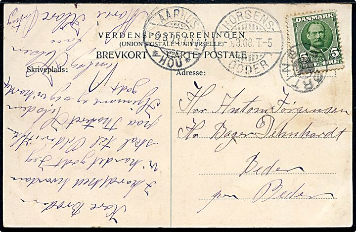 5 øre Fr. VIII på brevkort annulleret med stjernestempel ØRTING og sidestemplet bureau Horsens - Odder T.5 d. 5.3.1908 til Beder. Transit stemplet Aarhus - *Hou* T.11 d. 5.9.1908.