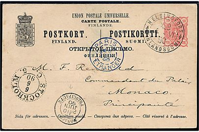 10 pen. Våben helsagsbrevkort fra Helsingfors d. 4.6.1890 via Stockholm og Paris til Monaco. Ank.stemplet Monaco Principaute d. 10.6.1890. Sjælden destination.