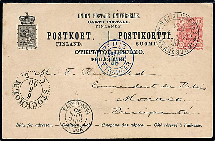 10 pen. Våben helsagsbrevkort fra Helsingfors d. 4.6.1890 via Stockholm og Paris til Monaco. Ank.stemplet Monaco Principaute d. 10.6.1890. Sjælden destination.