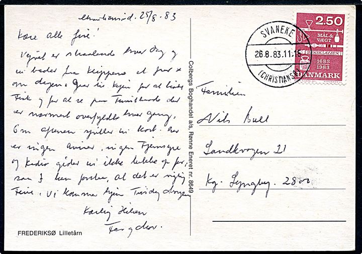 2,50 kr. Mål & Vægt single på brevkort annulleret med parentes stempel Svaneke (Christiansø) d. 26.8.1983 til Lyngby.