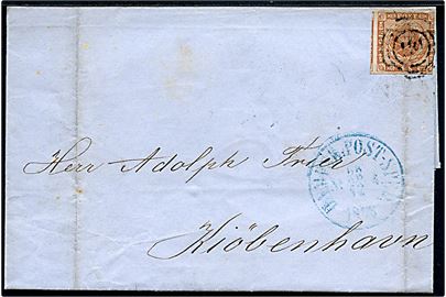 4 sk. 1858 udg. på brev fra Aarhus annulleret med nr.stempel 187 og sidestemplet blåt antiqua Dampsk:Post-Sped: No. 4 d. 23.12.1858 til København. Folder gennem mærke.