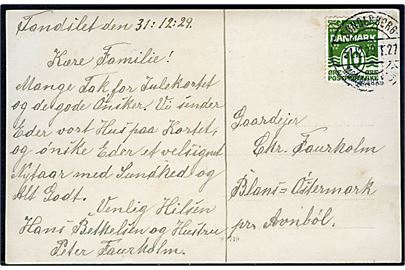 10 øre Bølgelinie (kort hj.tak) på brevkort fra Tandslet annulleret med godt bureaustempel Sønderborg - Mommark Færge T.27 d. 31.12.1929 til Blans-Østermark pr. Avnbøl.