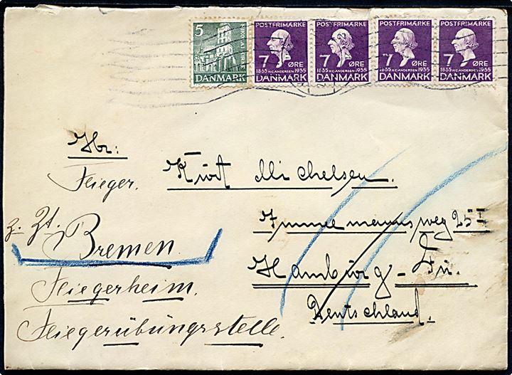 5 øre Nikolai Kirke og 7 øre H. C. Andersen på 33 øre frankeret brev annulleret med håndrullestempel i København d. 26.5.1936 (?) til Kurt Michelsen (dansker?) i Hamburg, Tyskland - eftersendt til Fliegerheim, Fliegerübungsstelle Bremen. På bagsiden Konservativ Ungdom mærkat.