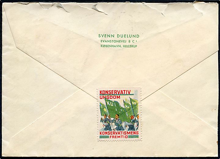 5 øre Nikolai Kirke og 7 øre H. C. Andersen på 33 øre frankeret brev annulleret med håndrullestempel i København d. 26.5.1936 (?) til Kurt Michelsen (dansker?) i Hamburg, Tyskland - eftersendt til Fliegerheim, Fliegerübungsstelle Bremen. På bagsiden Konservativ Ungdom mærkat.