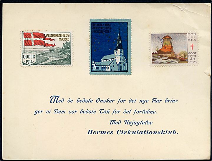 Julehilsen fra Hermes Cirkulationsklub med Aalborg Alm. Understøttelsesforening og Odder Julemærke 1914, samt svensk julemærke 1914.