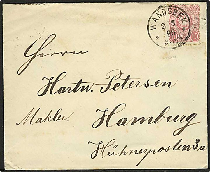 10 pfg. Adler single på brev fra Wandsbek d. 2.6.1886 til Hamburg.