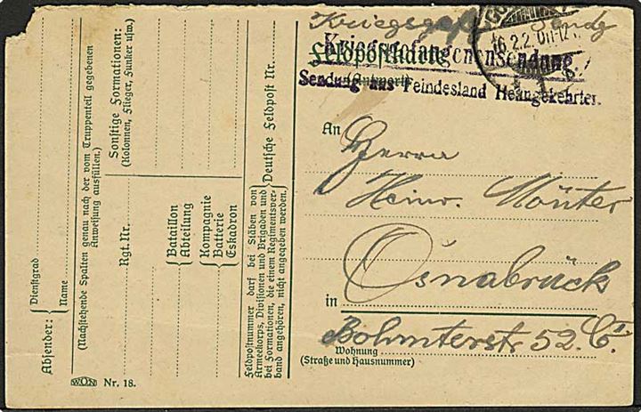 Ufrankeret krigsfange brevkort fra Göttingen d. 16.2.1920 til Osnabrück. Liniestempel: Kriegsgefangenensendung / Sendung aus Fiendeland Herangekehrten. Sen krigsfangeforsendelse.