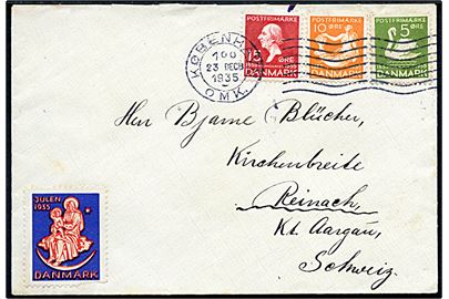 5 øre, 10 øre og 15 øre H. C. Andersen på brev fra København d. 23.12.1936 til Reinach, Schweiz.