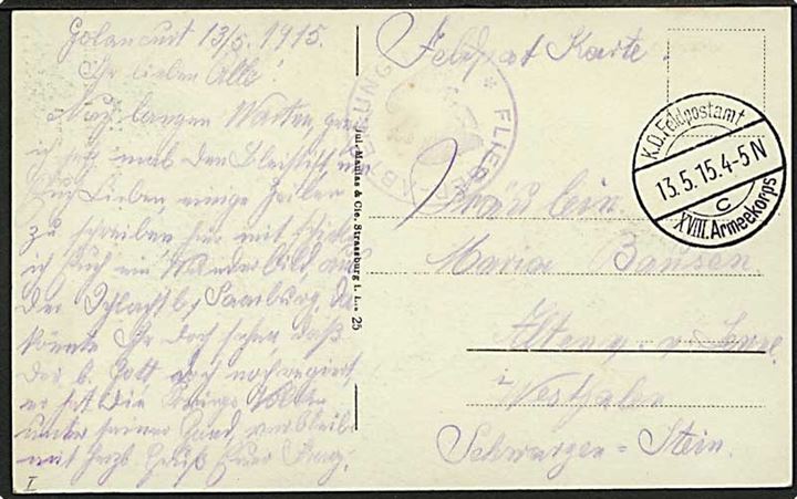 Feltpostkort fra Flyverafdeling stemplet K.D.Feldpostamt XVIII Armeekorps d. 13.5.1915 til Altang. Fra Flieger Abteilung 27.