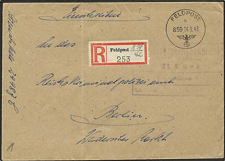 Ufrankeret anbefalet feltpostbrev stemplet Feldpost 859 d. 14.9.1943 til Berlin. Fra Dienststelle feldpost nr. 29987C = 11. Batterie Artillerie-Regiment 196 på østfronten.