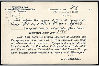 15 øre Chr. X helsagsbrevkort (fabr. 73-H) med fortrykt meddelelse fra Komitéen for tyske Børns Ferieophold i Danmark stemplet Kjøbenhavn B. d. 26.2.1924 til Svejbæk