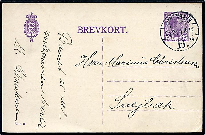 15 øre Chr. X helsagsbrevkort (fabr. 73-H) med fortrykt meddelelse fra Komitéen for tyske Børns Ferieophold i Danmark stemplet Kjøbenhavn B. d. 26.2.1924 til Svejbæk