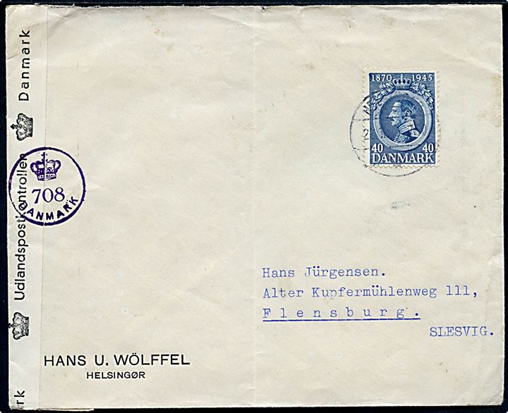 40 øre Chr. X 75 år på brev fra Helsingør d. 28.1.1947(?) til Flensburg, Tyskland. Åbnet af dansk efterkrigscensur med stempel (krone)/708/Danmark.