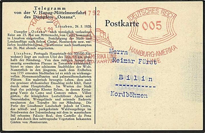 5 pfg. Firmafranko stemplet Rejsetelegram portkort Hamburg Amerika Linie / Nordlandfahrt/Hamburg d. 25.5.1929 til Bilin i Tjekkoslovakiet. Meddelelse fra S/S Oceania i Lissabon d. 24.5.1929.