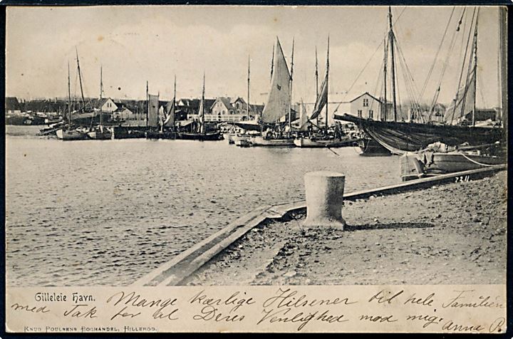 Gilleleje, havn med fiskefartøjer. K. Poulsen no. K7211. Frankeret med 5 øre Våben annulleret lapidar Esrom d. 18.7.1905 til Helsingør.