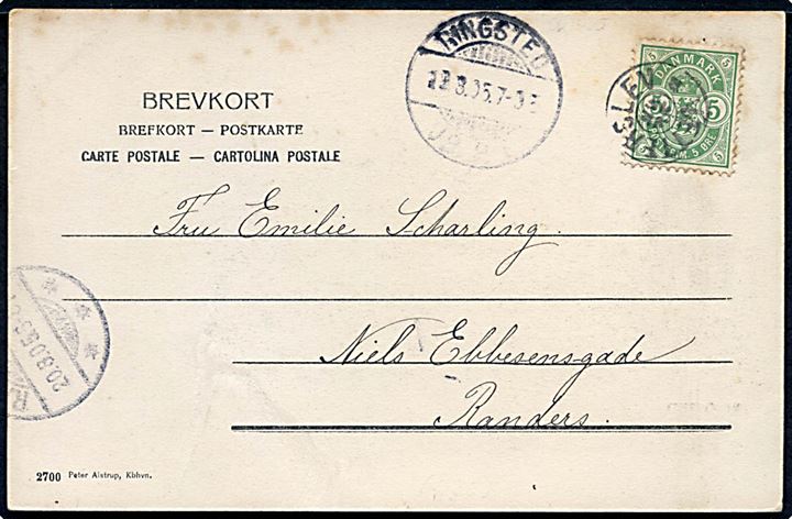 5 øre Våben på brevkort (Udsigt mod Ringsted) annulleret med stjernestempel VETTERSLEV og sidestemplet Ringsted JB.P.E. d. 20.3.1905 til Randers.