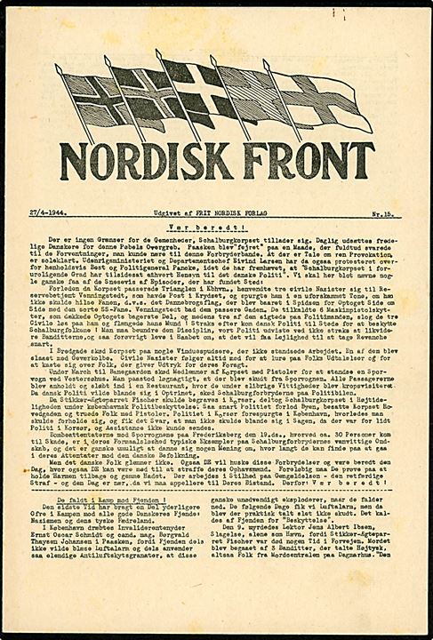 Nordisk Front udgivet af Frit Nordisk Forlag. Nr. 15 d. 27.4.1944. 4 sider.